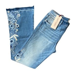 Free People Driftwood Isabel Embroidered Floral Flare Leg Jeans $148 Retail